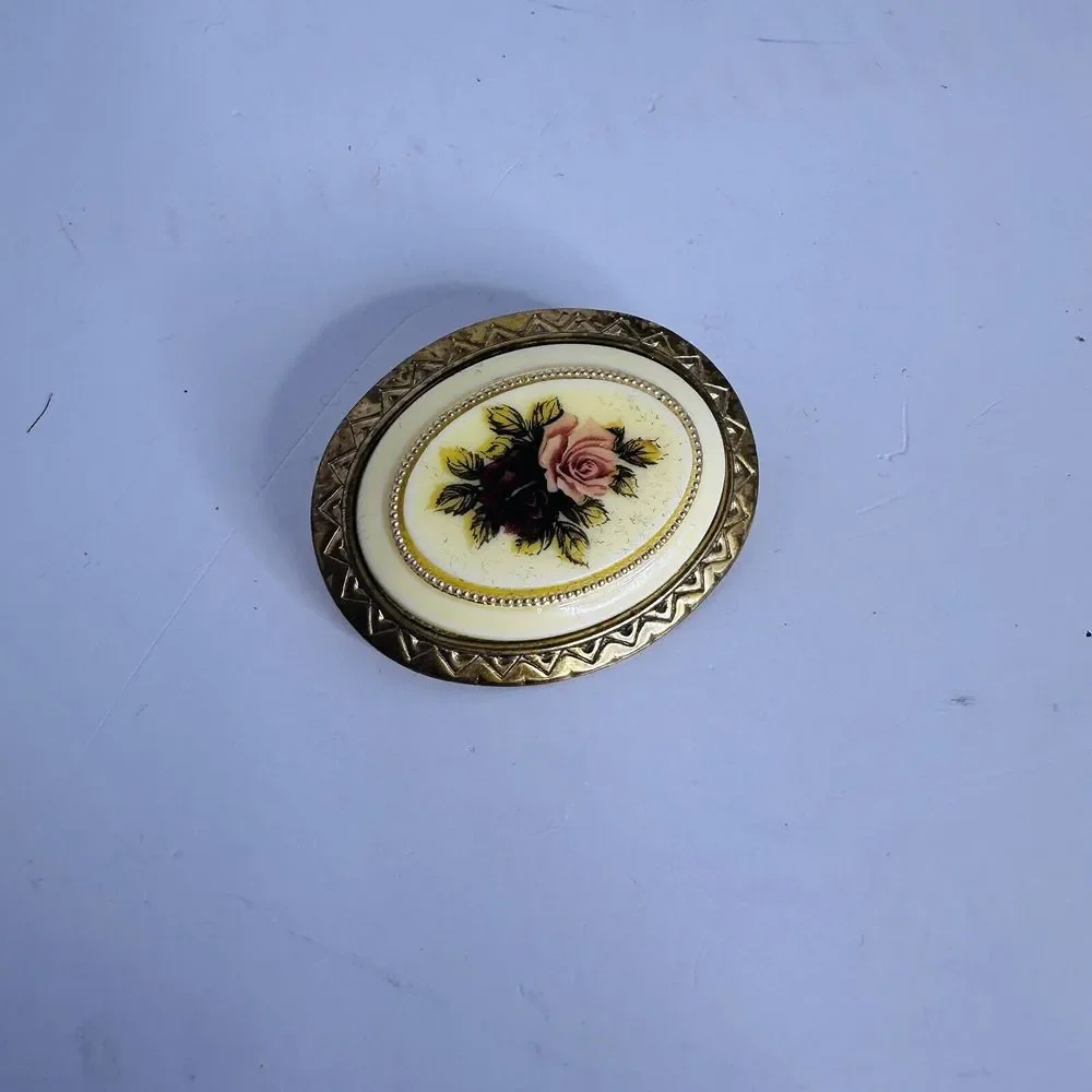 Vintage Gold Tone Enamel‎ Roses Brooch Pin Pendant
